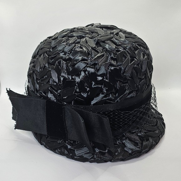 Vintage 60s Black Raffia Pillbox Hat ILGWU Jackie O Mod Cocktail‎ Mad Men main image 10